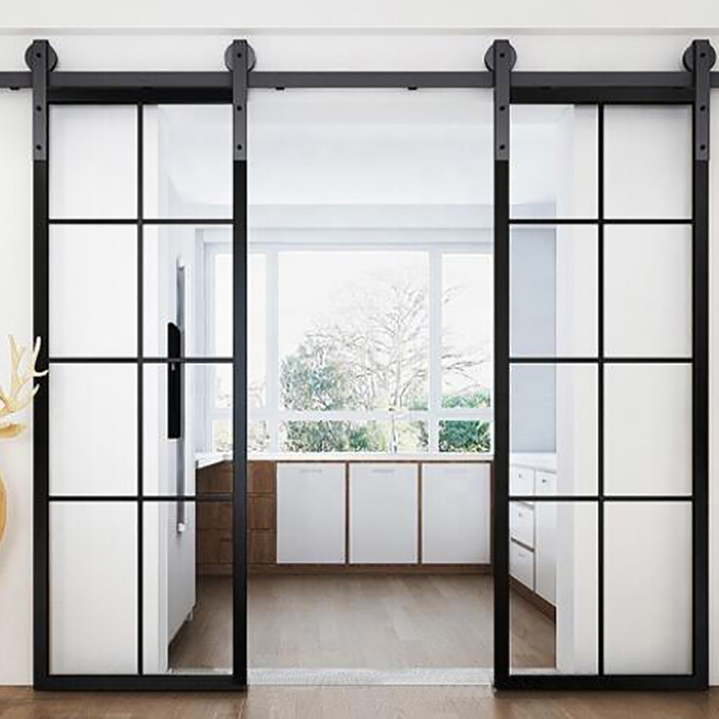 Декоративные черные рамы с дизайном Slide Barn Стальная стеклянная дверь
