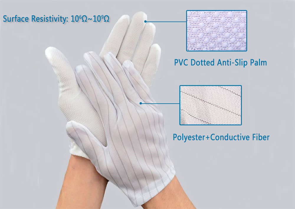 Перчатки с пунктиром ESD с проводящей пряжей из полиэфирной ткани