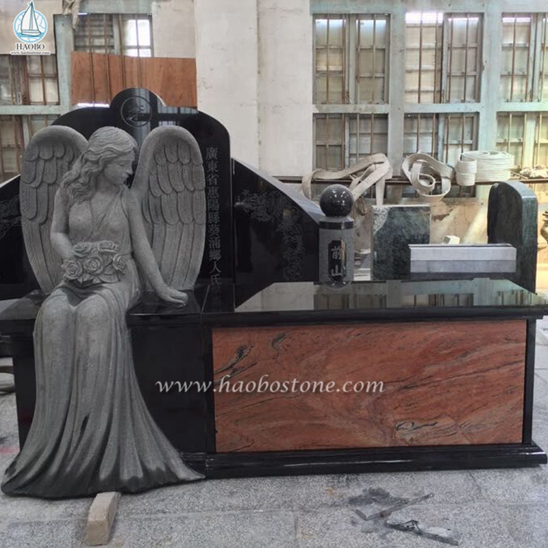 Скамья памятника из черного гранита Индии со статуей ангела
