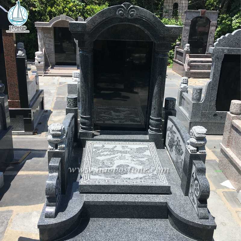 Темно-серый гранит в китайском стиле с резным львом надгробие

