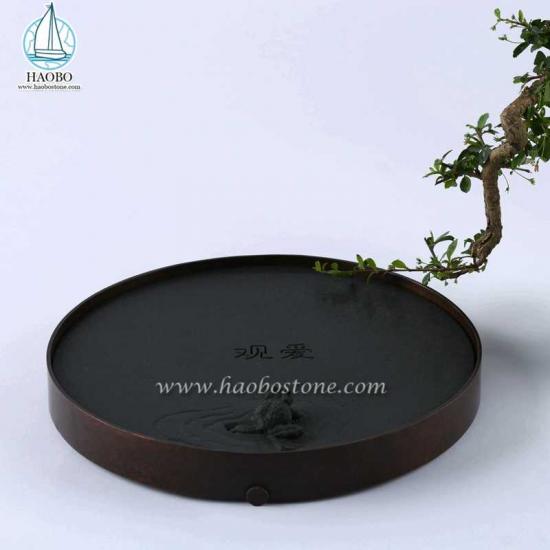Натуральный камень черный гранит Китай дизайн резной каменный поднос для чая
