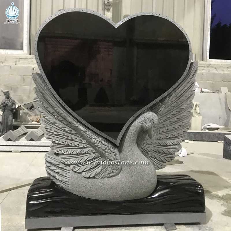 Черный гранит Лебедь в форме сердца резной похоронный надгробный камень
