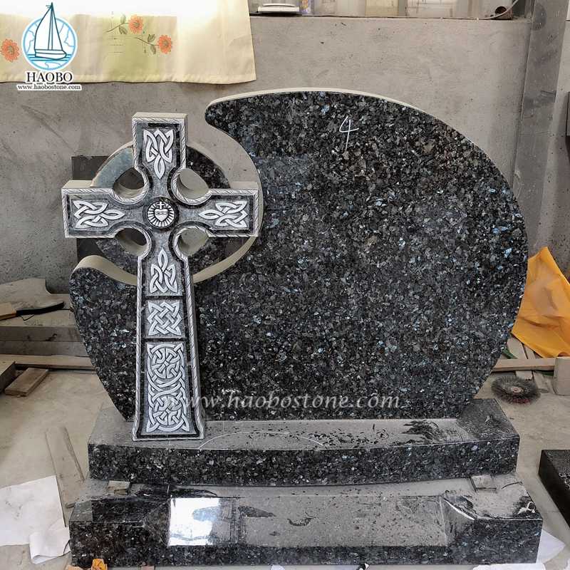 Голубой жемчуг Гранит Кельтский крест резной надгробный камень
