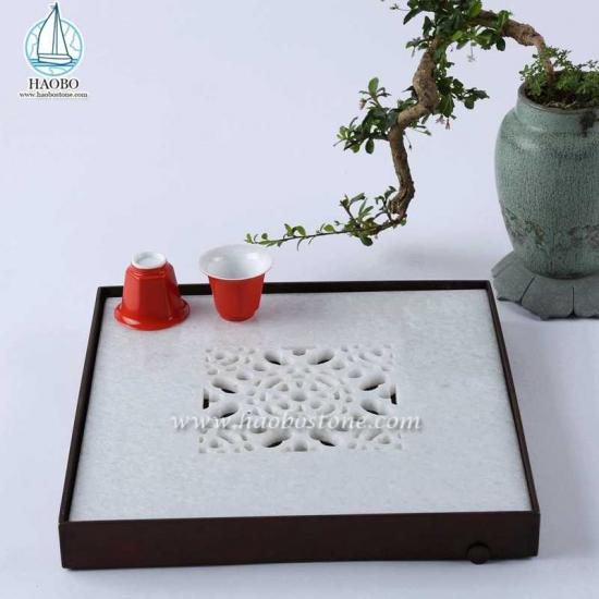 Белый мраморный китайский дизайн с полым вырезом квадратный каменный поднос для чая
