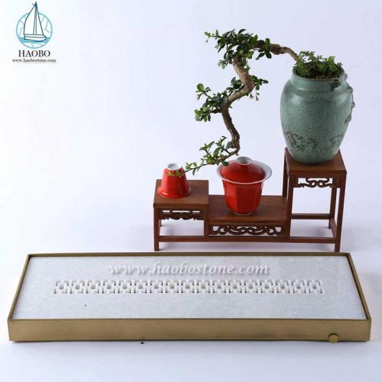 Белый мраморный китайский дизайн резьба по камню прямоугольный чайный поднос
