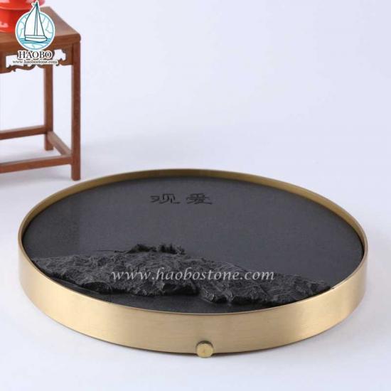 Черный гранит Китай дизайн насекомых резной каменный поднос для чая
