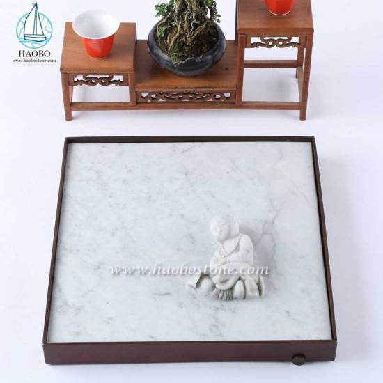 Белый мраморный буддистский резной квадратный каменный поднос для чая
