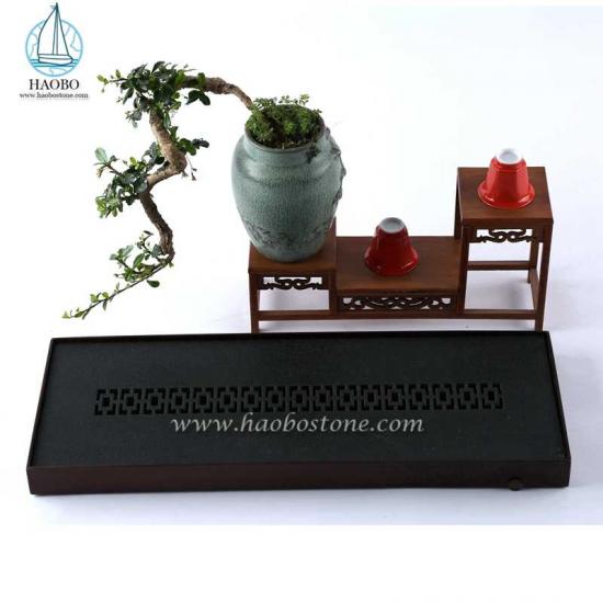 Черный гранит Китай Дизайн Резьба по камню Прямоугольный поднос для чая
